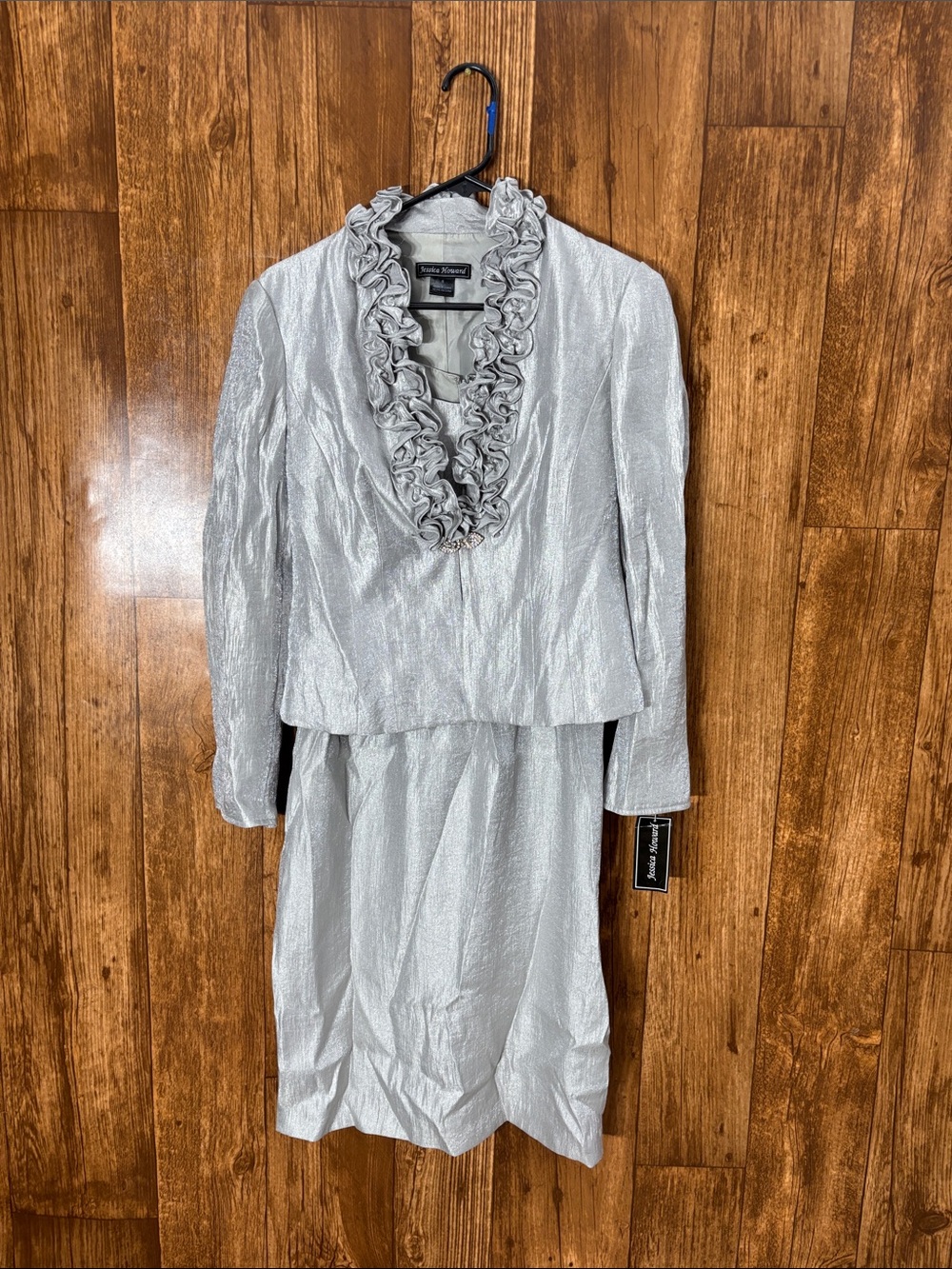 NWT Jessica Howard Silver Ruffle-Trim Suit Jacket with Matching Under Dress